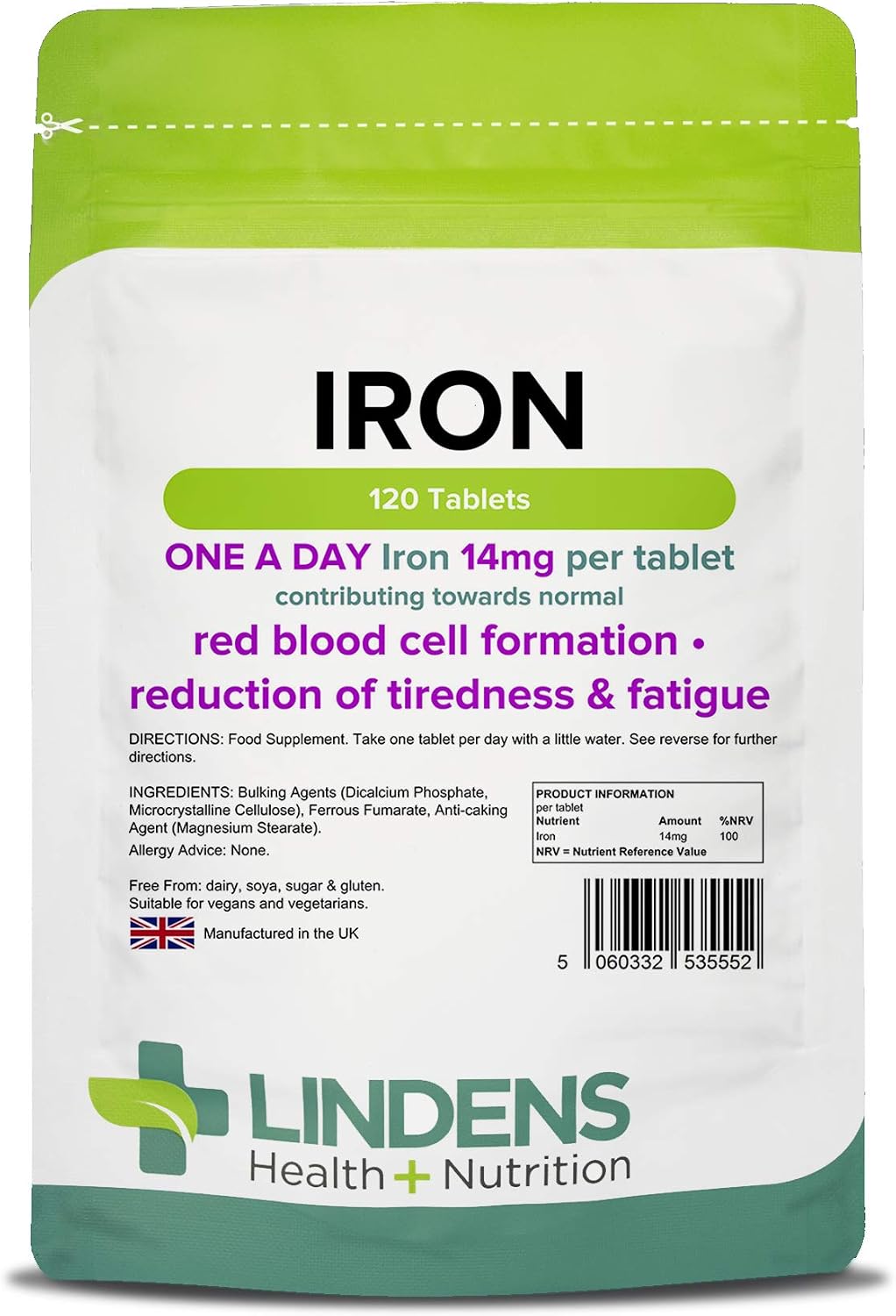 Lindens - Iron 14mg - 120 Vegan Tablets - UK Made - Reduce Tiredness, Increase Energy, White, 1 count (Pack of 120)