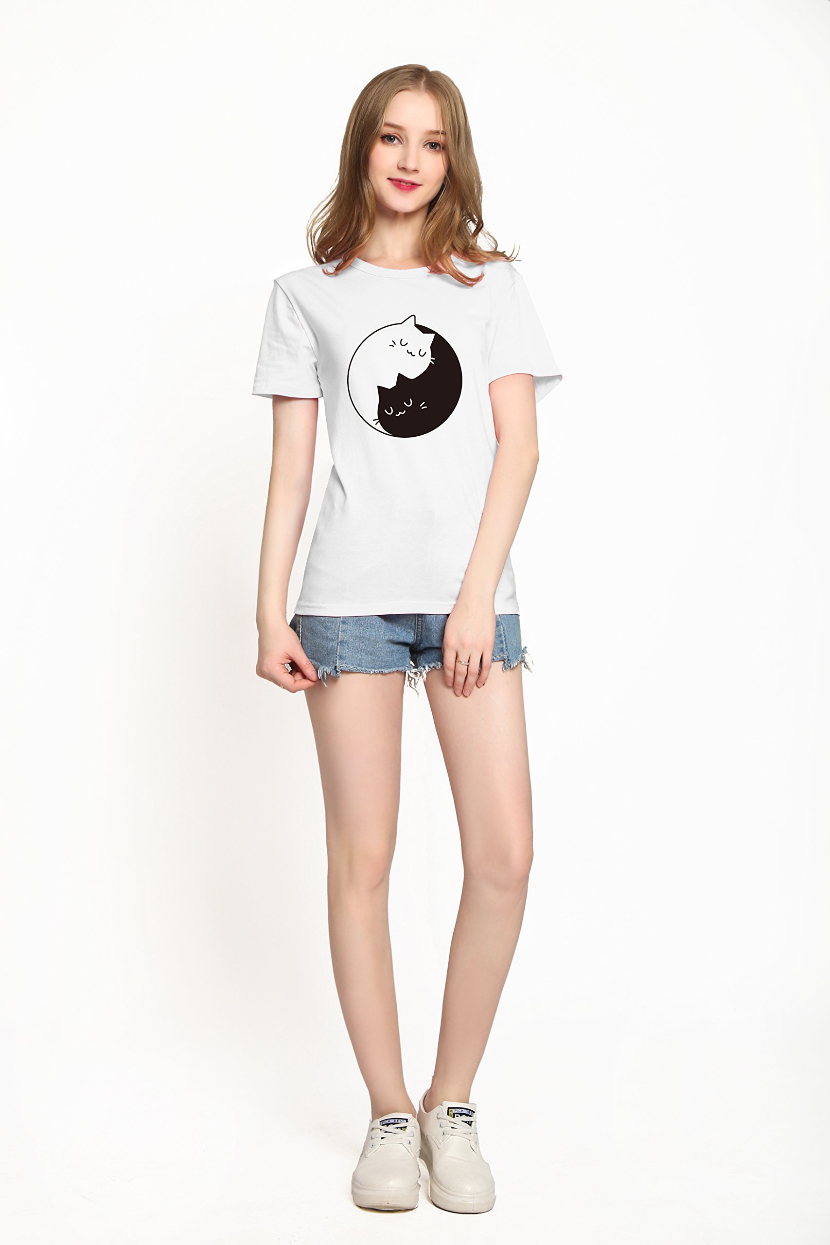 PINJIA Womens Cotton Letter Printed Pullover Tshirts Top Tees(MX15)(L, White Tai Chi Cat)