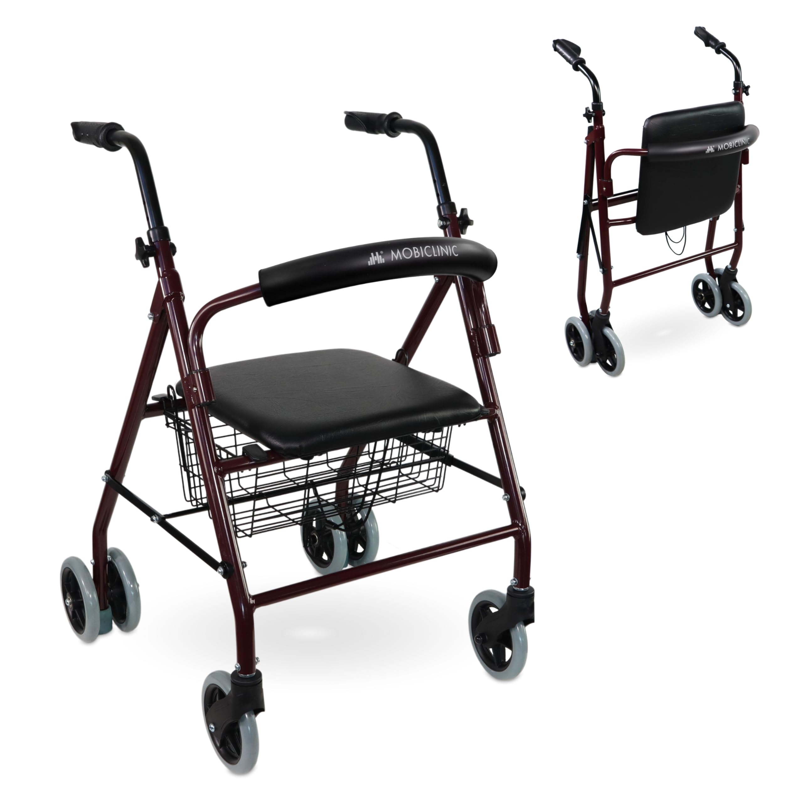 Mobiclinic, Walker for Elderly, Prado Model, European Brand, Folding, Pressure Brakes, Aluminium, Light and Resistant, Rollator with 4 Wheels, Seat and Backrest, Basket, Burgundy
