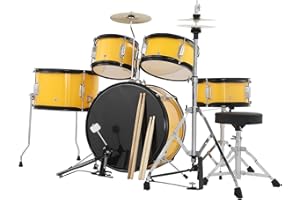 FANCIHABOR 5-Piece Junior Drum Set, A Complete Kit for Kids with Bass Drum, Tom-Tom, Snare, Cymbals, Hi-Tone Drum, Sticks, Base Pedal and Stool, Beginner Set, Perfect Musical Gift for Boys & Girls, Yellow
