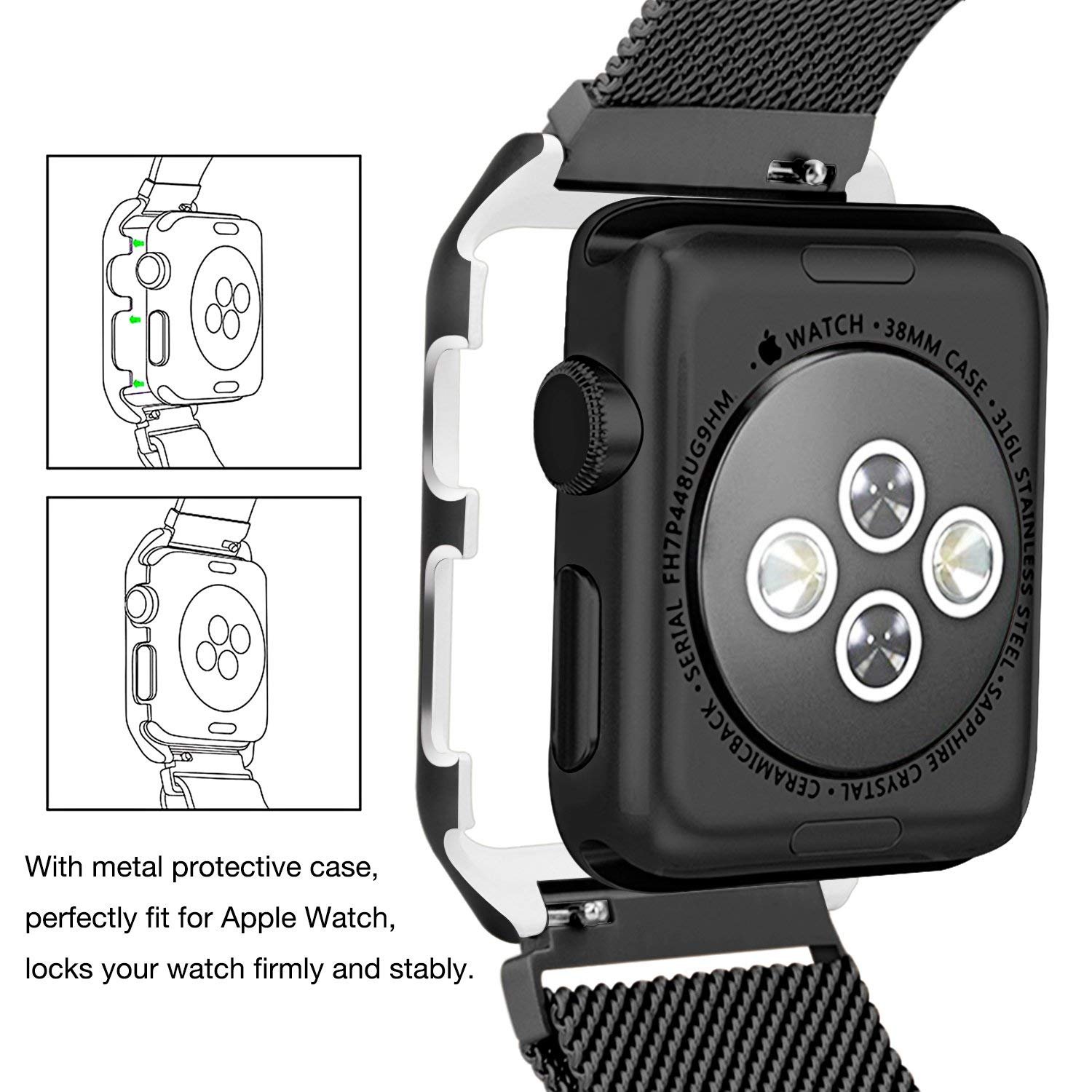 for Apple Watch 40mm Band with Case, Stainless Steel Mesh Milanese Loop with Adjustable Magnetic Closure Replacement Wristband for Apple Watch Series 4 (Black, 40MM)
