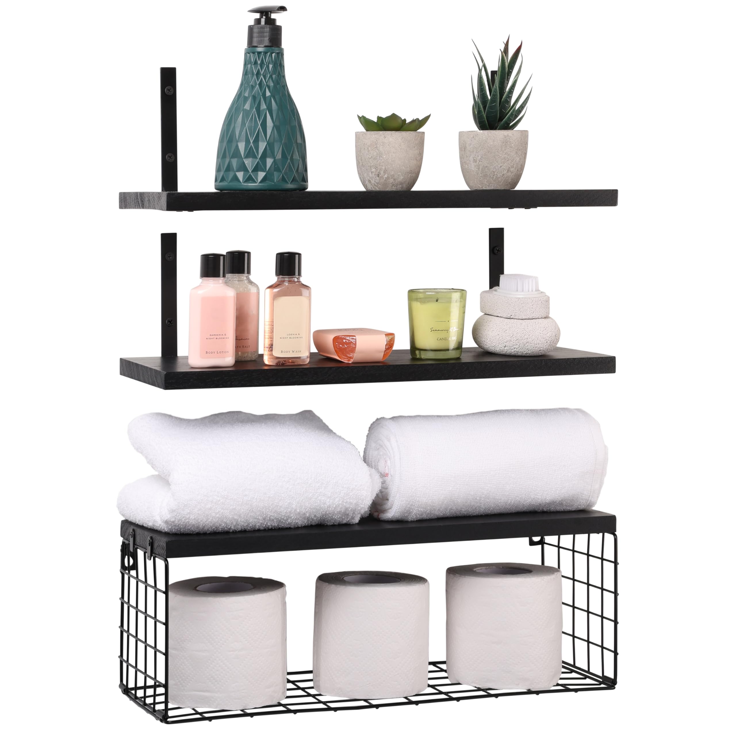 BELLE VOUS 3 Pack of Black Wooden Floating Shelves - 42cm/16.5 Inches Long - Rustic Wall-Mounted Shelf Storage Set with Basket - Wood Shelves for Bedroom, Living Room, Kitchen, Bathroom or Office