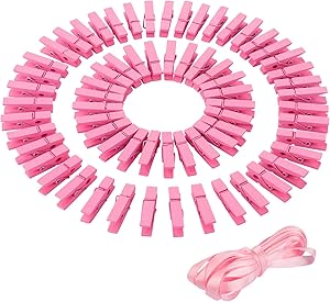 Whaline Mini Pink Clothespins 100 Pieces Baby Shower Clothes Pins Small Wooden Clothespin with Pink Rope for Girl Party Favors and DIY Baby Girl Gender Reveal Parties