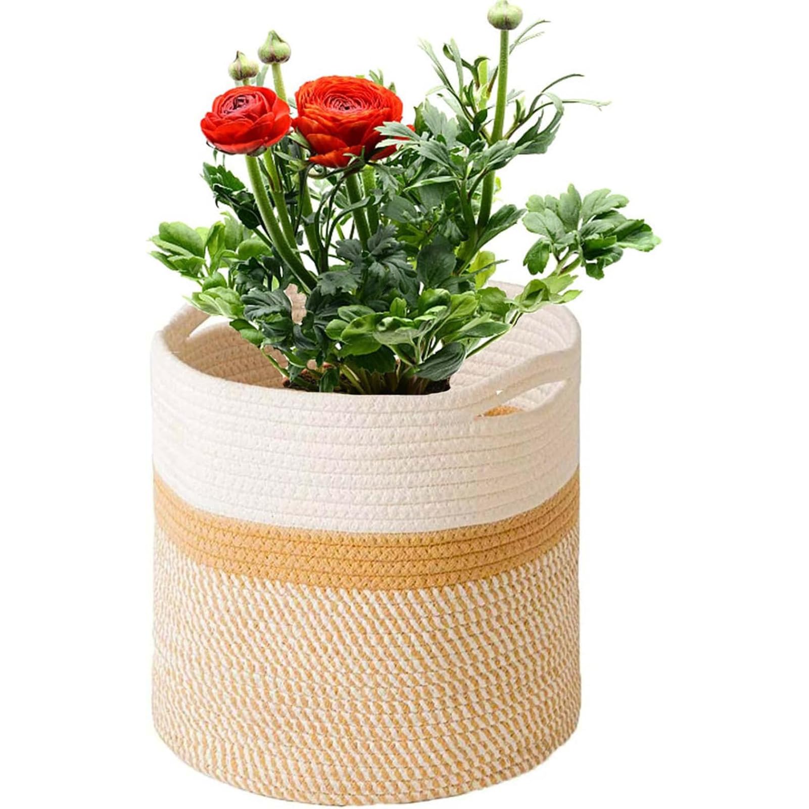 KMERCE Large Braided Plant Basket Diameter 25cm Plant Pot Indoor Flower Basket Indoor Indoor Large Basket Boho Knitted Plant Pot with Handles