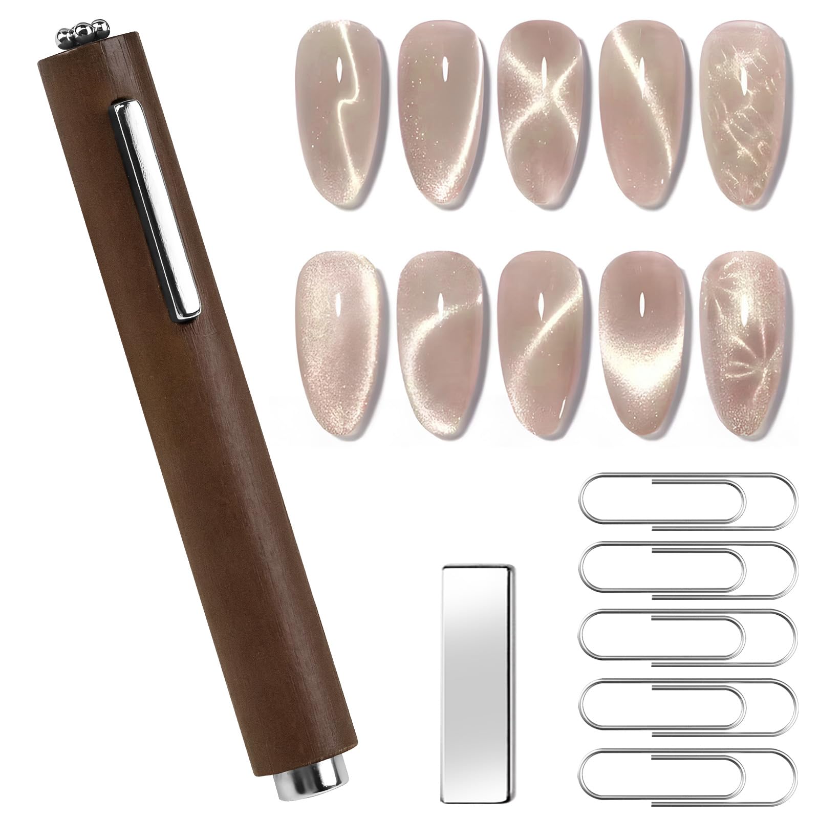 Photo 1 of 3 In 1 Cat Eye Nail Magnet Multifunctional Cat Eye Gel Polish Nail Tool with Extra 1pcs Square Magnet 5pcs Paper Clips Wooden Handle Cylindrical Powerful Suction for Home Diy Salon