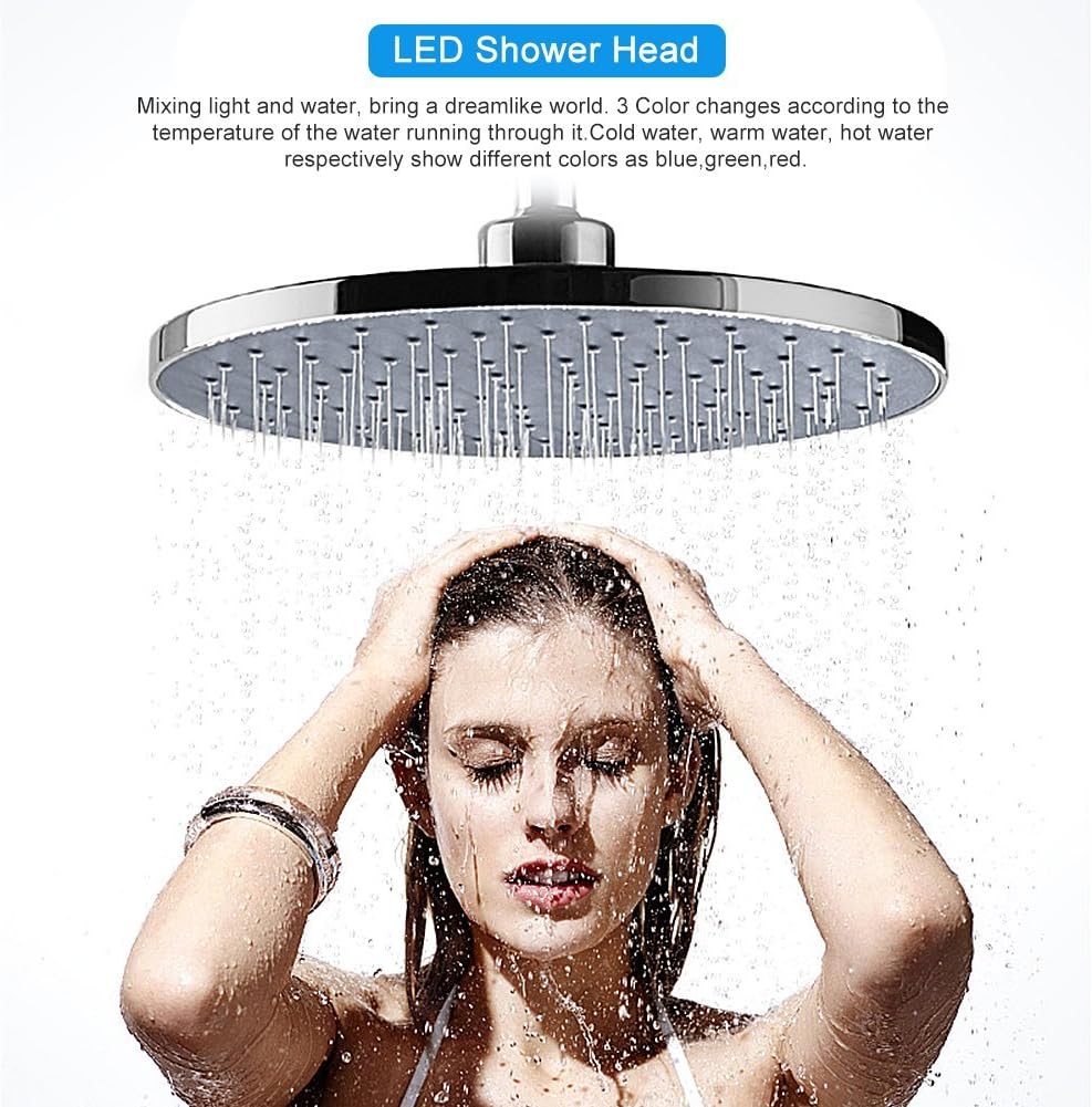 8 Inches Water Temperature LED Shower Head 3 Color Changing Automatic RGB LED Light Lamp Shower Head Top, Blue,green,red,silver