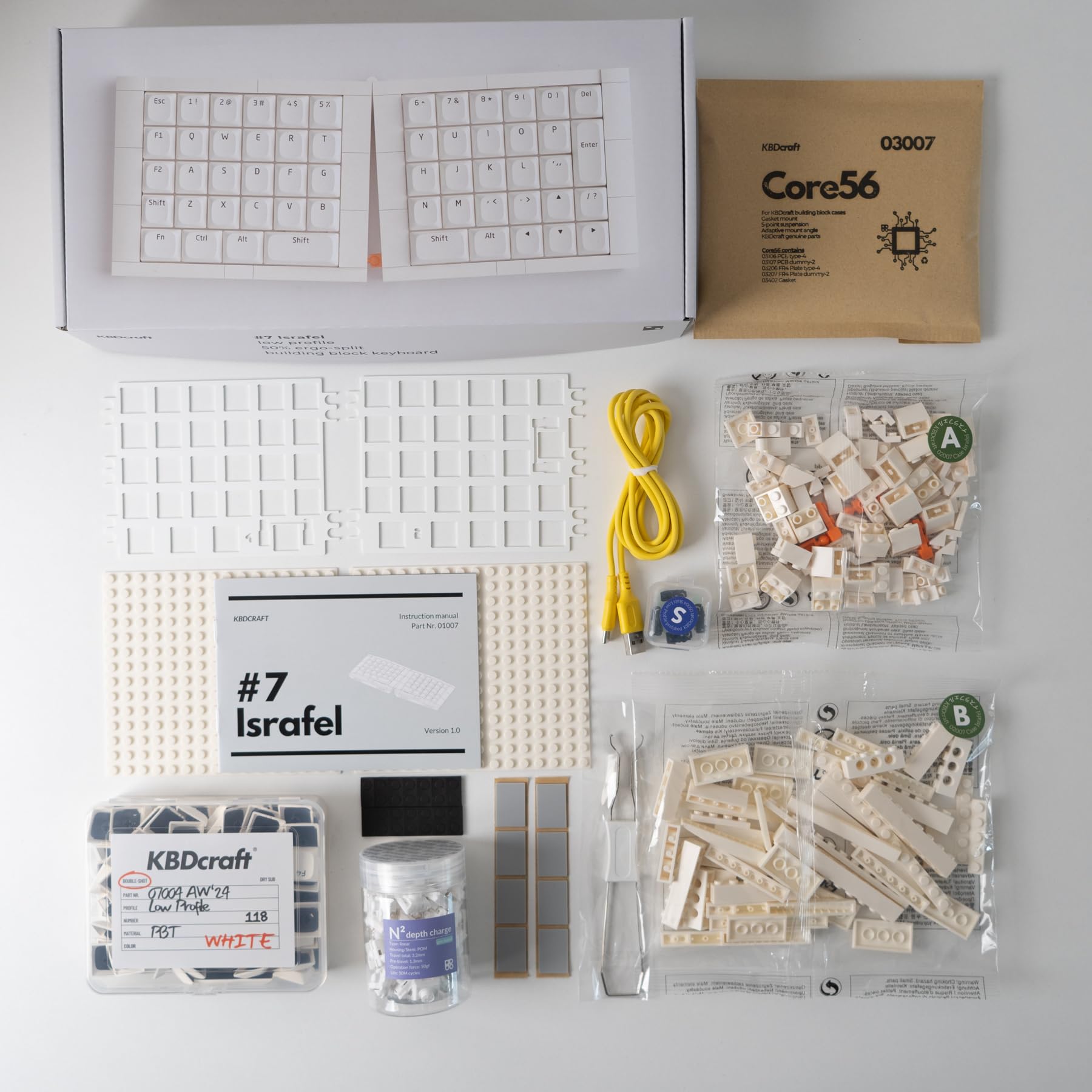 KBDcraft 07Israfel 50% Ergo-Split Low-Profile Mechanical Keyboard, 56-Key Ortho, Lego-Compatible Case, Wired, Linear Switch, Gasket Mount, Hot-Swappable, RGB, QMK, Vial for Win/Mac, Full Kit, White