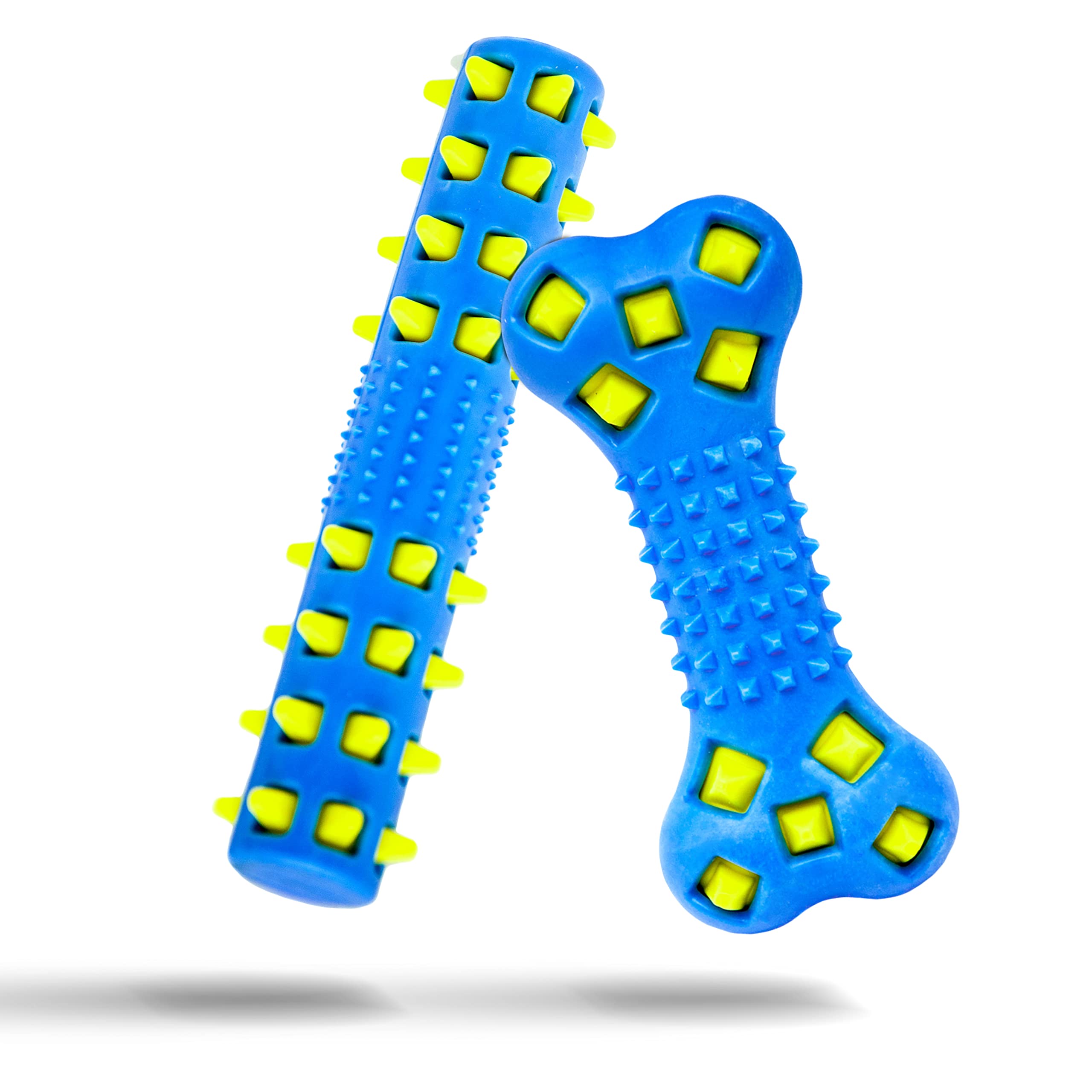 Petopedia 2 X SPIKE Dog Chew Toys for Dogs Bone SQUEAKY Dogs Toys Tough Dog Teething Toys DOUBLE LAYERED Interactive Dog Toys for Boredom Dog Balls (Blue (Yellow Spike), Bone & Stick)