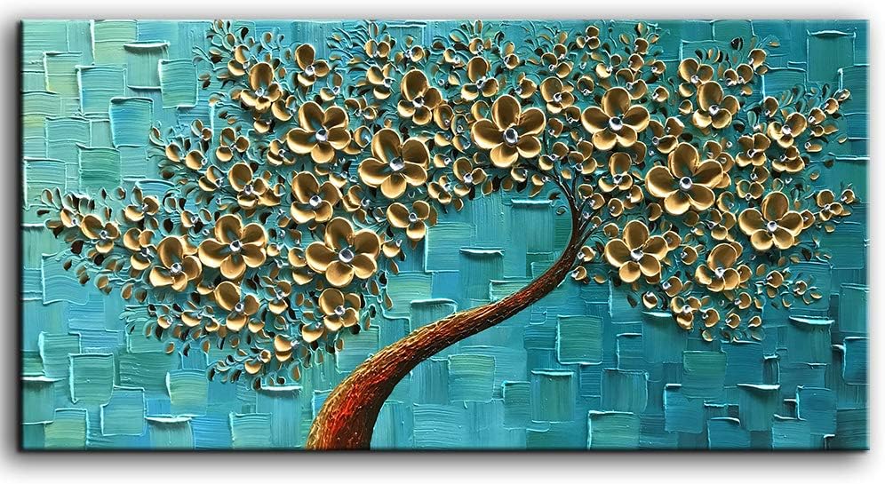 Paintings - YaSheng Art - 3D Oil Painting On Canvas Texture Palette Knife golden Flowers Paintings Abstract Canvas Painting Modern Home Decorations Artwork for Wall Decor (24x48inch)