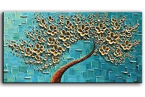 YaSheng Art - Handmade 3D Golden Flowers Artwork Oil Painting On Canvas Texture Palette Knife Flowers Tree Abstract Landscape Paintings Modern Home For Living Room Bedroom Decor Wall Art 20X40 inch