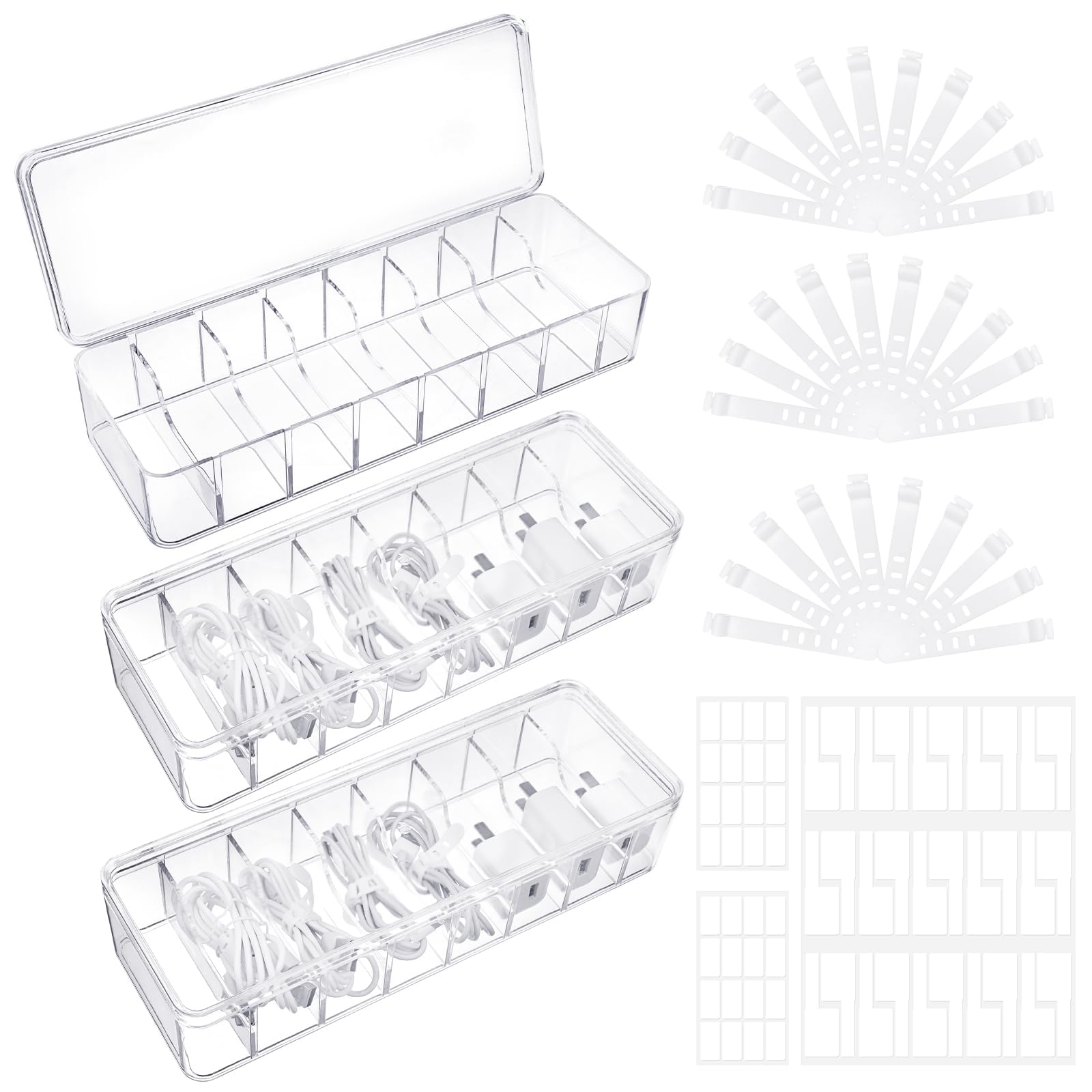 Photo 1 of Cable Organizer Box with Lid, 3 Pcs Clear Cord Storage Organizer with 30 Cable Ties 62 Cable Labels, Charger Organizer for Office Desk Drawer Organizers and Accessories