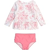 RuffleButts Baby/Toddler Girls Scalloped Long Sleeve Rash Guard 2-Piece UPF50+ Sun Protected Swimsuit