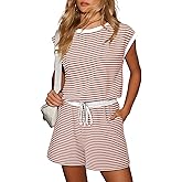 Dokotoo Women's Summer Casual Rompers Striped Shorts Overalls Adjustable Drawstring Waist Jumpsuits One Piece Outfits