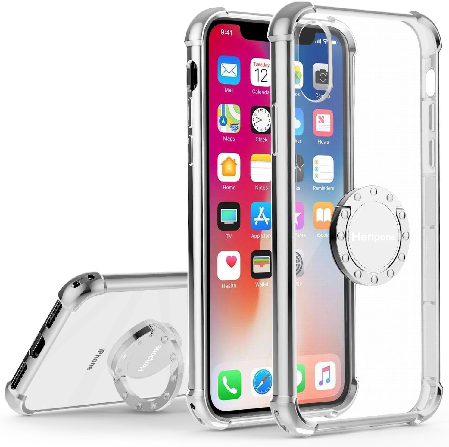 Henpone Case for iPhone Xs,iPhone X Case Clear Back Cover with Stand Ring Holder Kickstand Air Cushion Shockproof Impact Resistant Drop Protection Phone Case for Apple iPhone X/Xs - Silver