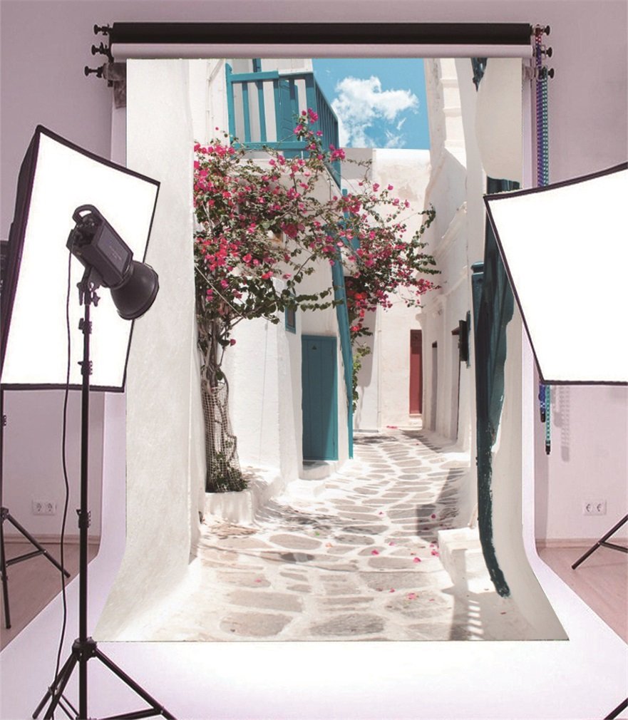 YongFoto 5x7ft Vinyl Photography Backdrop Traditional Greek Alley on Mykonos Island Greece Photo Background Backdrops for Photography Photo Shoots Party Kids Personal Portrait Photo Studio Props