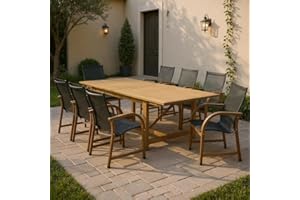 Amazonia Franklin 9-Piece Rectangular Extendable Patio Dining Set Teak Finish and Weather-Net Technology Ideal for Outdoors and Indoors