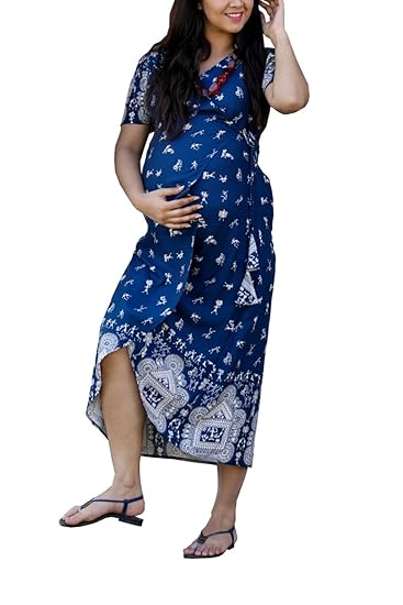 Women's Cotton rayon Maternity and pregnancy wrap dress (GR03_Multicolour_Large)