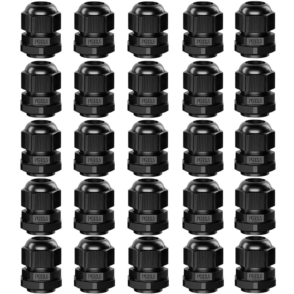QitinDasen 25Pcs Premium Nylon PG13.5 Cable Gland, 6～12mm Adjustable IP68 Waterproof Cable Glands Joints, Waterproof Cable Gland Connector with Gaskets (Black)
