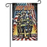 FLAGMEUP8386 American Firefighter Garden Flag 12x18 In Doublesided Hot Stuff Rescue Scene Patriotic Outdoor Banner, Fire Prevention Week, Memorial Day & First Responders Appreciation Gift