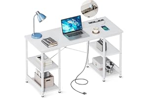 AODK 40 Inch Small Writing Desk with Power Outlets & USB Charging Port, Computer Desk for Small Spaces Home Office, Student Laptop PC Desks with Storage Shelves, Kids Desk, White