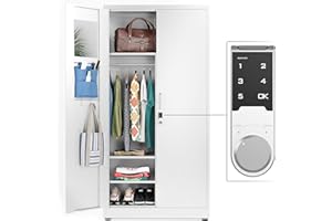METALTIGER Office Metal Storage Cabinet Wardrobe with Digital Lock - Metal Storage Locker with Locking Doors, Adjustable Shelf Height & Position, Removable Hanging Rods, Mirror & Accessories (White)