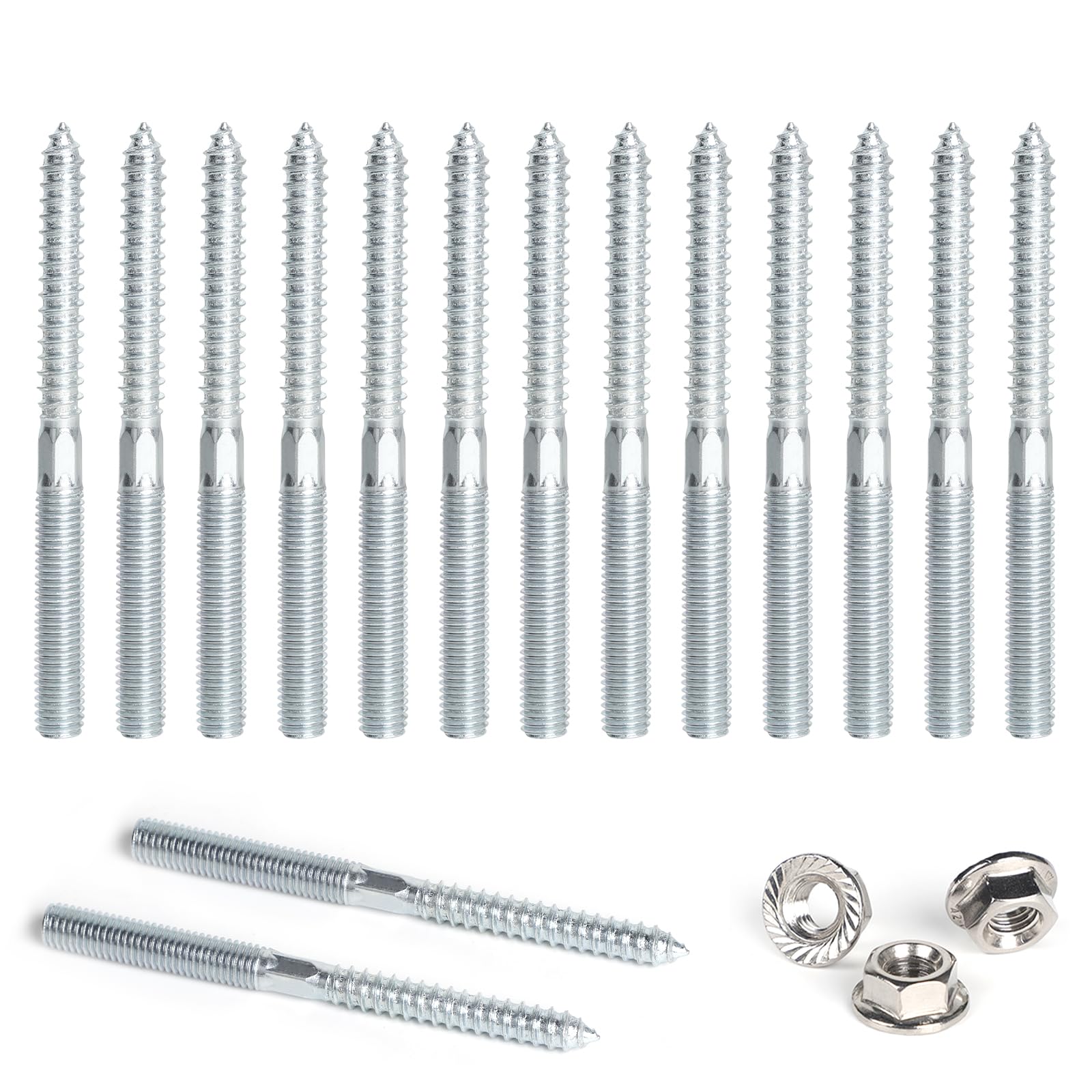 DBREAKS Hanger Bolts Torx, Pack of 15 Double Head Screws, M8 x 80 mm Double Thread Screws, Double Sided Dowel Screws with Locking Tooth Nuts, Screw Pins Thread, Galvanised Double Thread for Furniture
