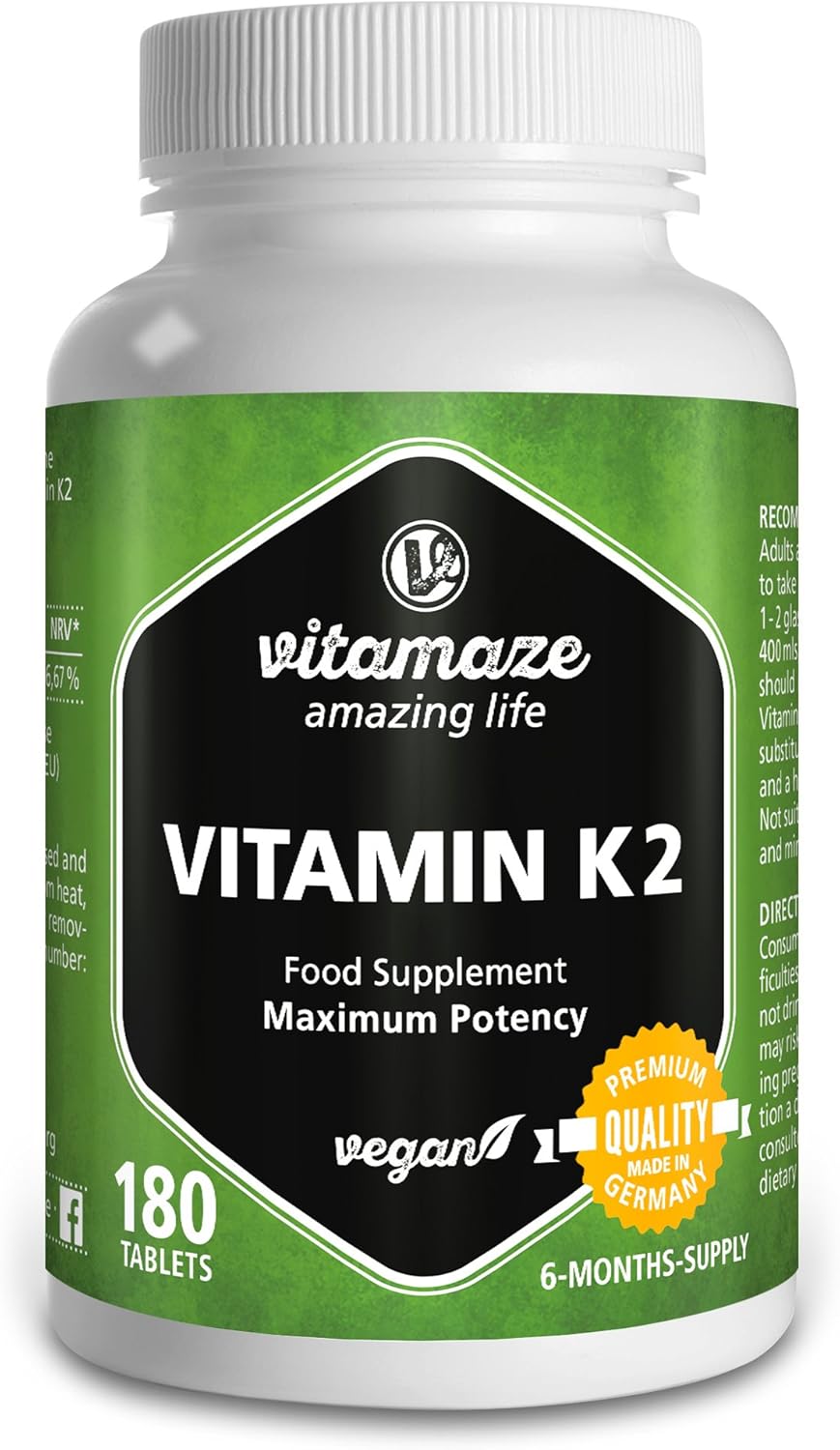 Vitamin K2 MK-7 200 mcg Vegan & High Strength Menaquinone, 180 Tablets for 6 Months, German Quality