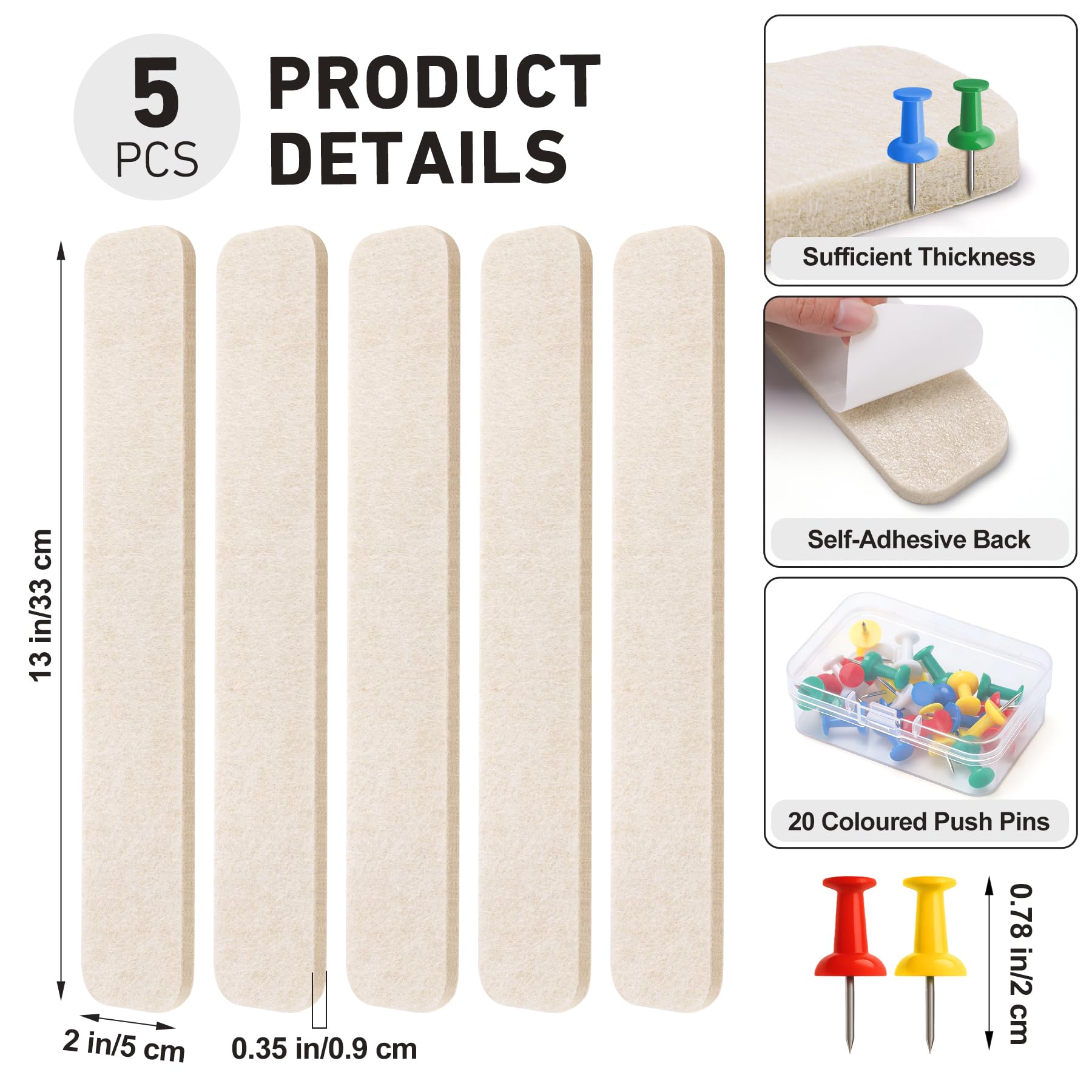 HAUTOCO Filz Pinnwand Selbstklebend, 5 Filzpinnwand Bar Streifen mit 20 Pinnnadeln, 33x5cm Modern Klein Pinnwand für Die Wand Küche Büro Zimmer Foto Deko, Korkplatte Alternative – Haferflocken 2