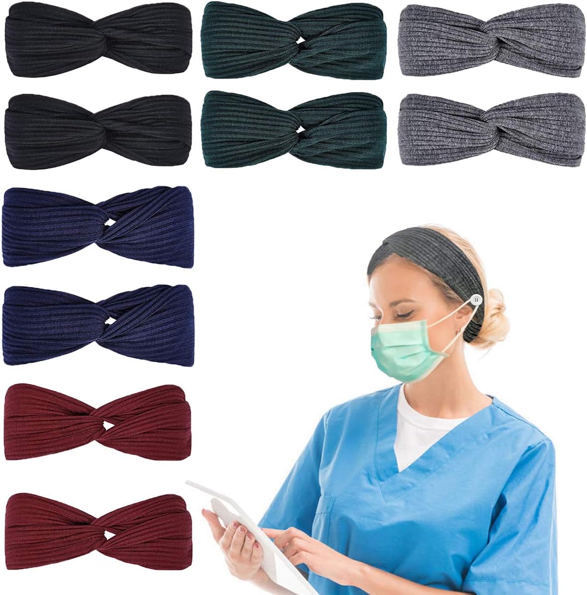 Headbands for Women Criss Cross Knotted Headbands for Nurses Doctors with Buttons Elastic Hair Bands for Girls, 10 Pack