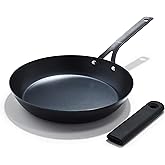 OXO Obsidian Pre-Seasoned Carbon Steel, 10" Frying Pan Skillet with Removable Silicone Handle Holder, Induction, Oven Safe, Black