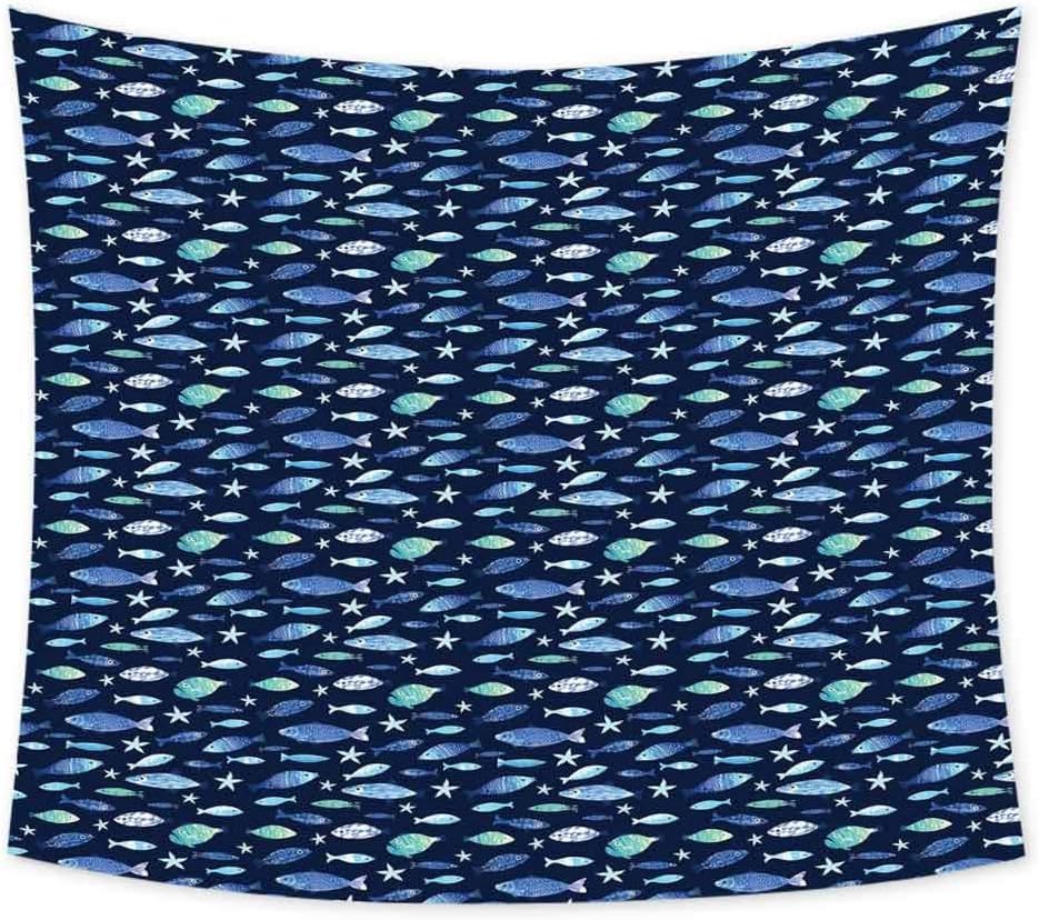 Luoiaax Fishes Psychedelic Tapestry Hippie Silhouettes of Aquarium Animals in Watercolor Effect Marine Life Illustration Tapastry Wall Art for Living Room W62.8 x L62.8 Inch Navy Blue Seafoam