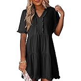 Dokotoo Women's V Neck Short Sleeve Tiered Ruffle Mini Skater Dress Casual Summer Swing Tunic Dress