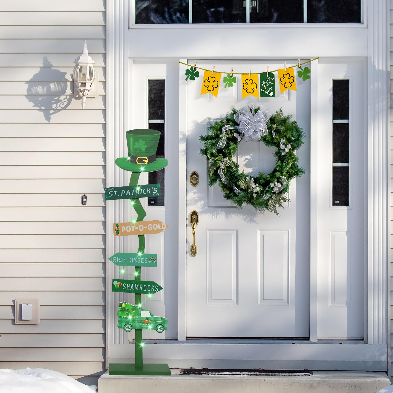 Condition photo showing New/Like New for 43.8" lighted wooden st. patrick's day porch sign leprechaun hat shamrock irish train standing signs with base for indoor outdoor yard decor st. patrick's day decorations