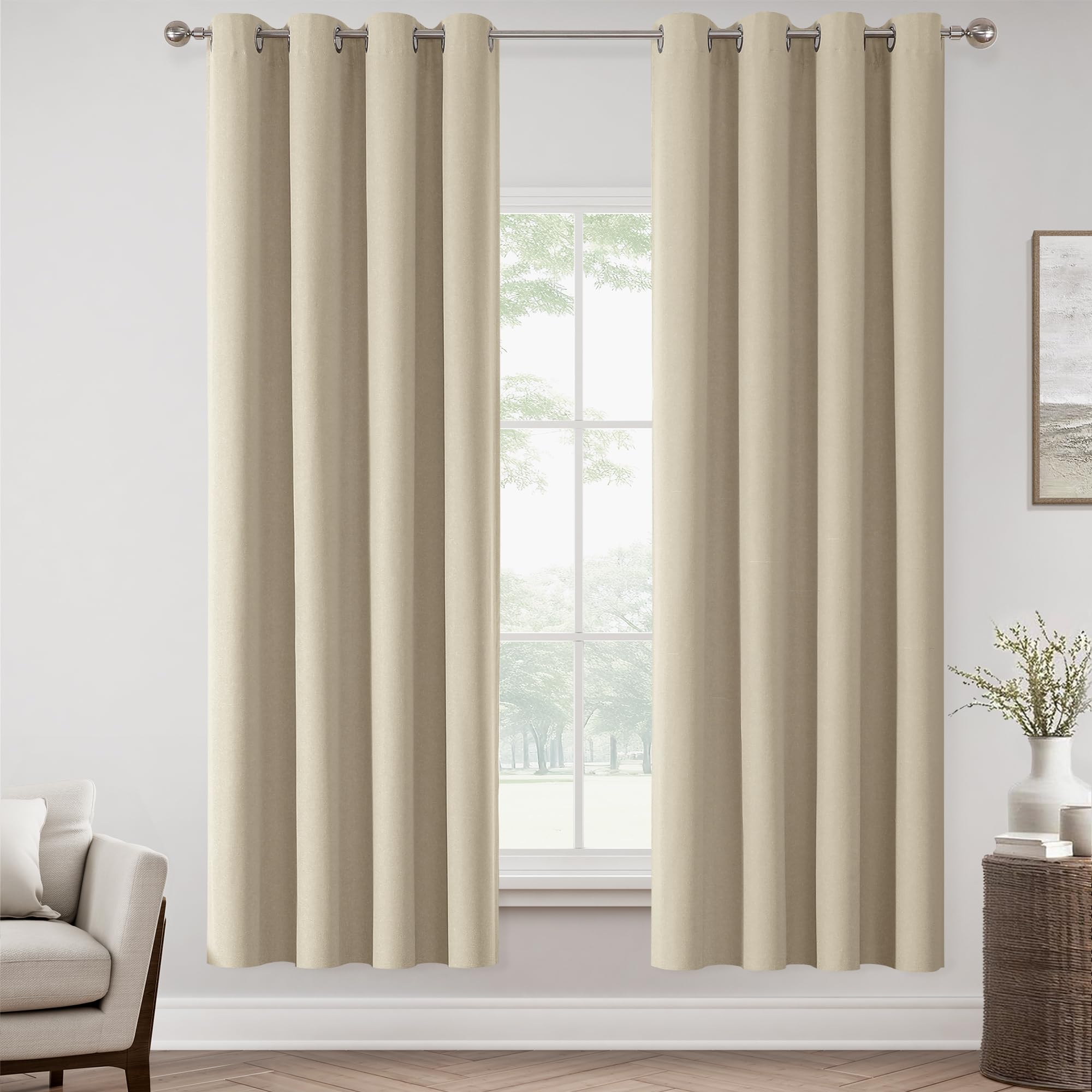 Photo 1 of ChrisDowa 100% Blackout Natural Solid Solid Curtains 72 Inches Long 2 Panels for Bedroom Living Room,Farmhouse Room Darkening Thermal Insulated Soundproof Grommet Top Window Treatment Drapes,52x72