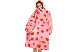 Narecte Blanket Hoodie Women & Men,Premium Sherpa Fleece Oversized with Giant Pocket for Women,Super Cozy and Big Wearable Sweatshirt Gift Strawberry