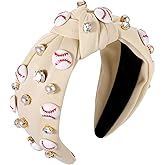 Baseball Headband for Women Crystal Pearl Knotted Headband Baseball Charms Rhinestone Beaded Embellished Headbands Wide Top Knot Game Day Headbands Accessories Sports Fan Gifts (Beige)