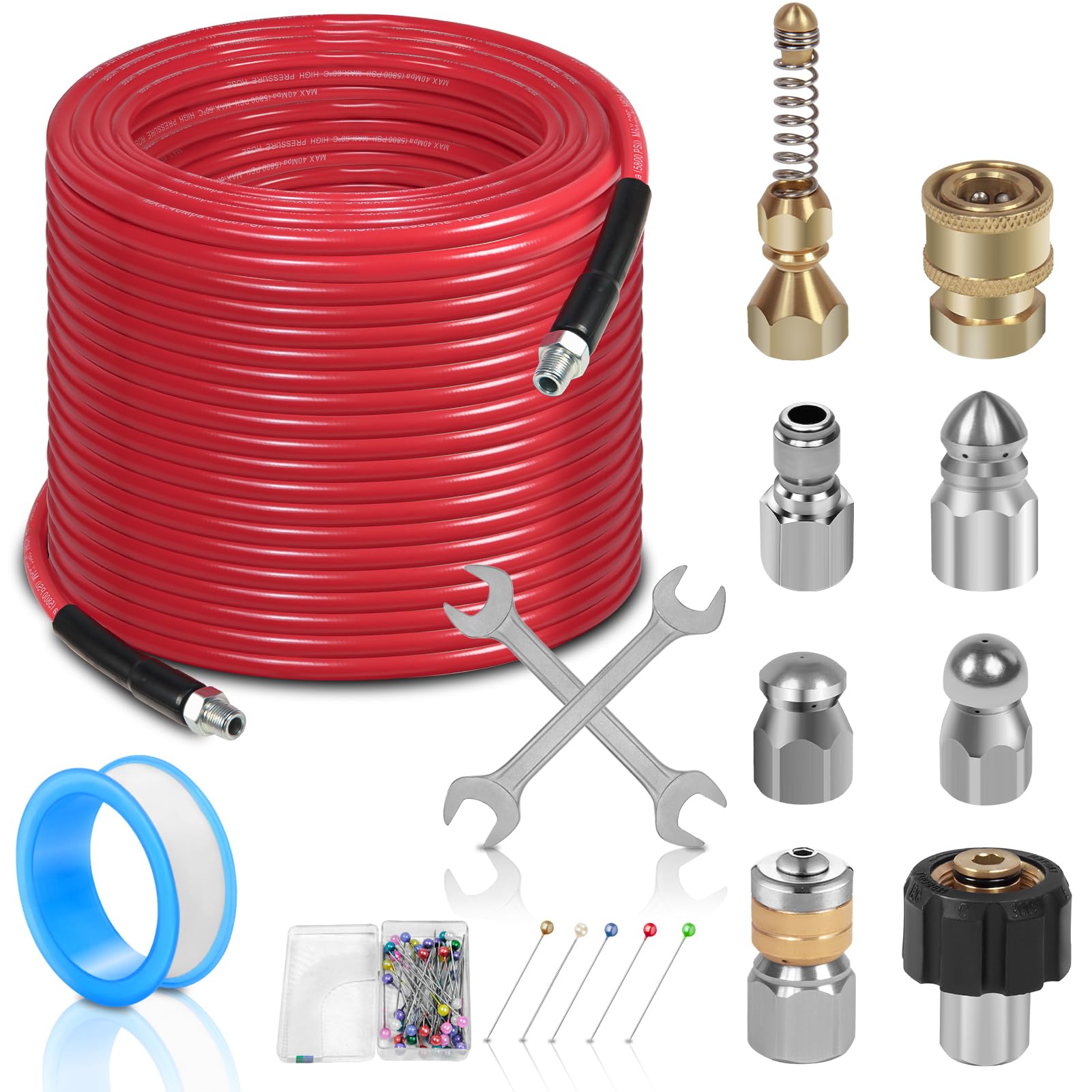 Photo 1 of 100FT Sewer Jetter Kit for Pressure Washer, 1/4''NPT Drain Cleaner Hose 5800PSI, Pressure Washer Cleaning Kit with Corner Rotating Button Sewer Jetting Nozzles, Quick Connect Set