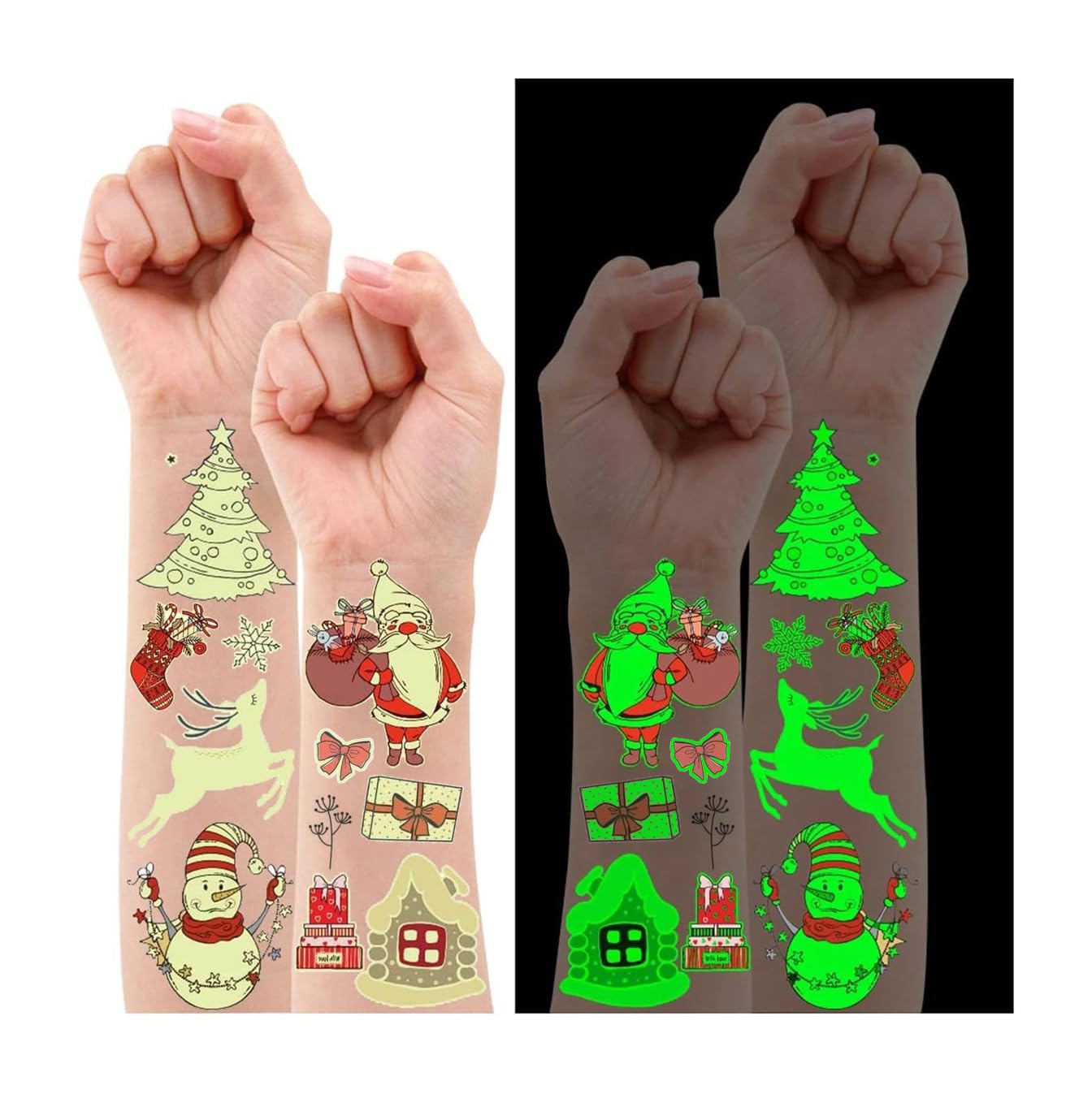 Leesgel Christmas Stocking Fillers, 10 Sheets Luminous Temporary Tattoos for Kids Christmas Decorations, Tattoos Stickers for Xmas Party Supplies Favors Bags