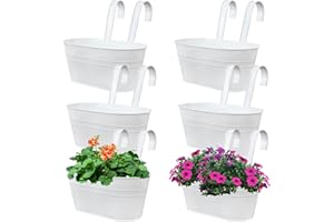 Biugaaufai 6 Pack Metal Railing Planter for Outdoor Plants, White Iron Railing Planters, Metal Window Hanging Flower Pots for Balcony, Fence, and Patio Railings, Garden Decor with Drainage Holes