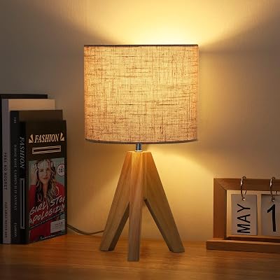 EDISHINE 36cm Wood Tripod Bedside Lamp with Beige Linen Shade E27 Base
