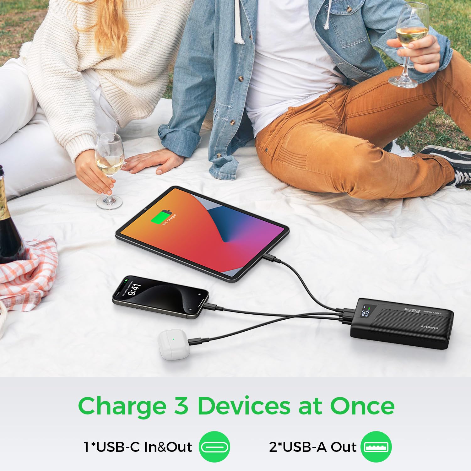SUNGUY Power Bank 20000mAh, 22.5W Fast Charging USB C in & Out Battery Pack Charger Portable, PD3.0+QC4.0 LED Display External Battery Pack Cell Phone Charger for iPhone 16 Pro Max Samsung S24 Android