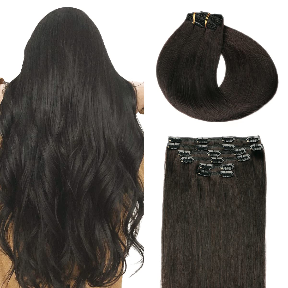 SURNEL Extensions Clip in Human Hair Natural Black Silky Straight Clip in Hair Extensions for Women 14 Inch 100g 6pcs Straight Thick Remy (C#1B, 14'') — image 1