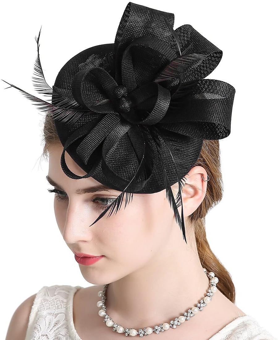 Sinamay Feather Fascinators Womens Pillbox Flower Derby Hat for Cocktail Ball Wedding Church Tea Party