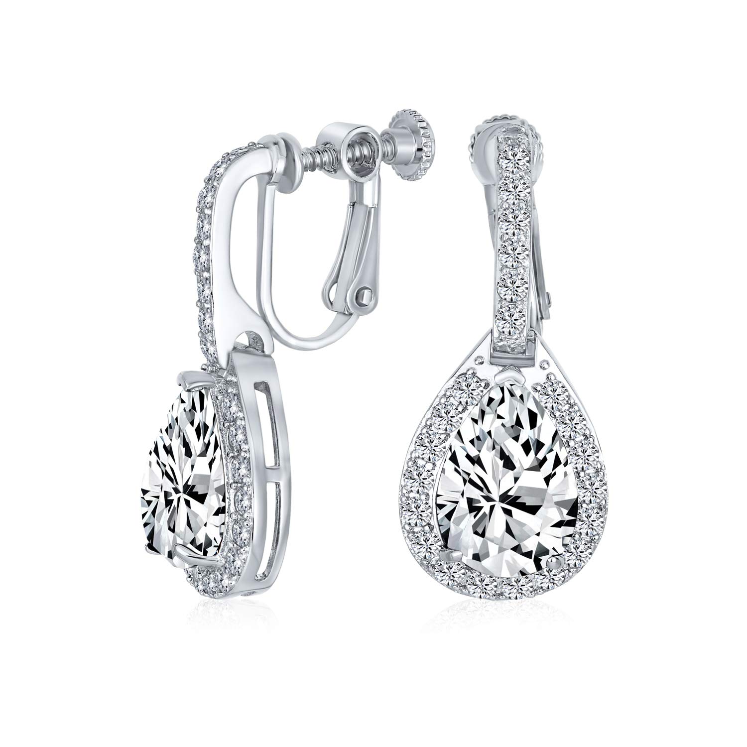 Vintage Style Halo Clear Cubic Zirconia AAA CZ Fashion Formal Dangle Drop Teardrop Screw Back Clip On Earrings For Women Prom Bridesmaid Wedding Silver Plated
