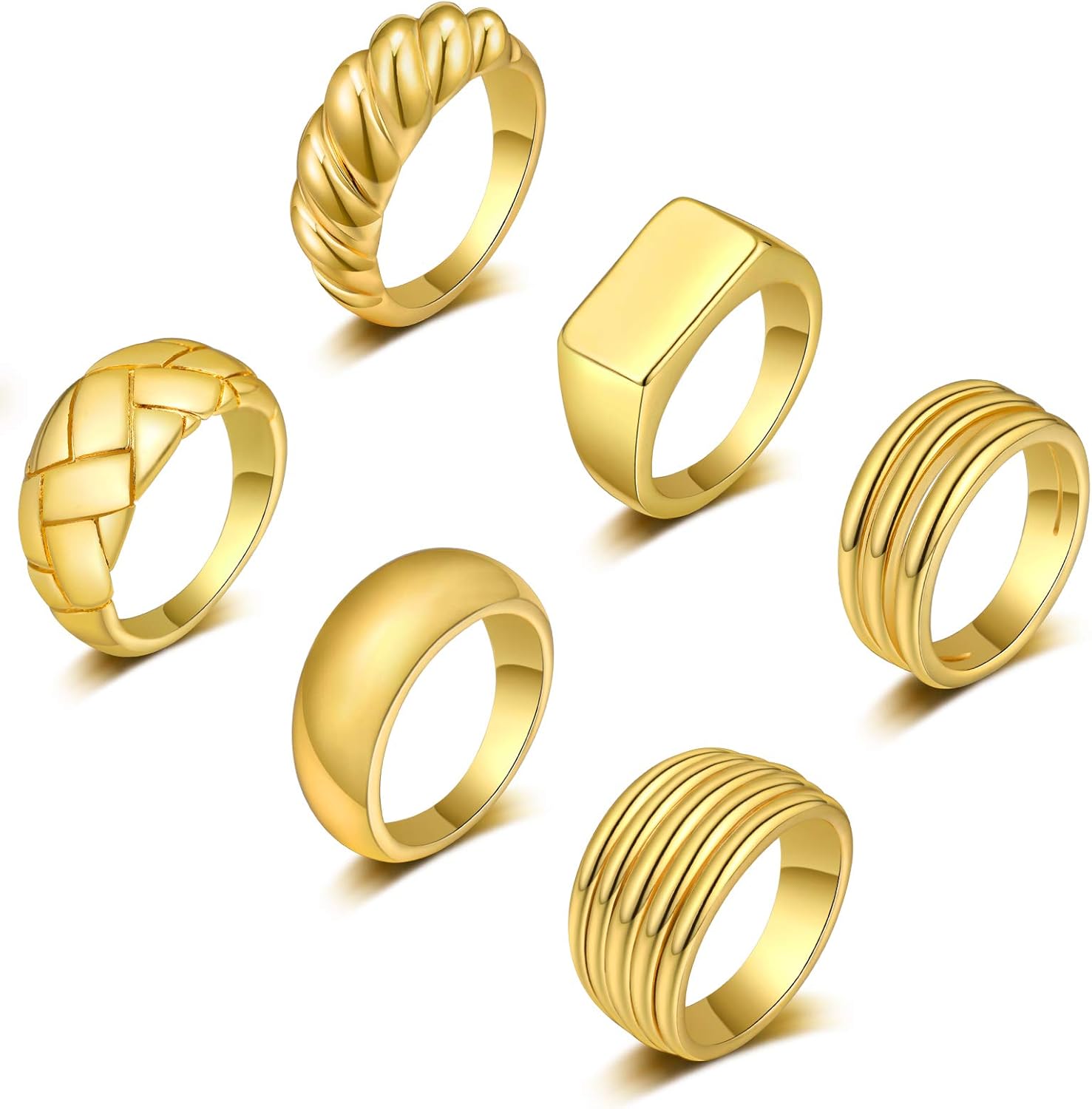 WFYOU 6PCS 18K Gold Plated Thick Dome Chunky Rings for Women Girls Braided Twisted Signet Chunky Gold Ring Set Minimalist Statement Ring Jewelry Size 5-9: Jewelry