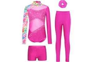Miaeowve Kids Girls 4 Pieces Gymnastics Leotard Rhinestones Bodysuit Outfit Set with Shorts Long