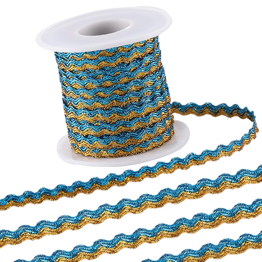 GORGECRAFT 15m x 5mm RIC Rac Trim Two-Color Sparkle Wave Ribbon Bending Fringe Trim Metallic Braid Lace Wavy Woven Webbing Fabric for DIY Crafts Jewellery Making Gift Wrapping, Deep Sky Blue and Gold