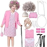 Kicpot Old Lady Costume for Kids 100th Days of School Costume for Girls Granny Grandma Outfit Dress Up
