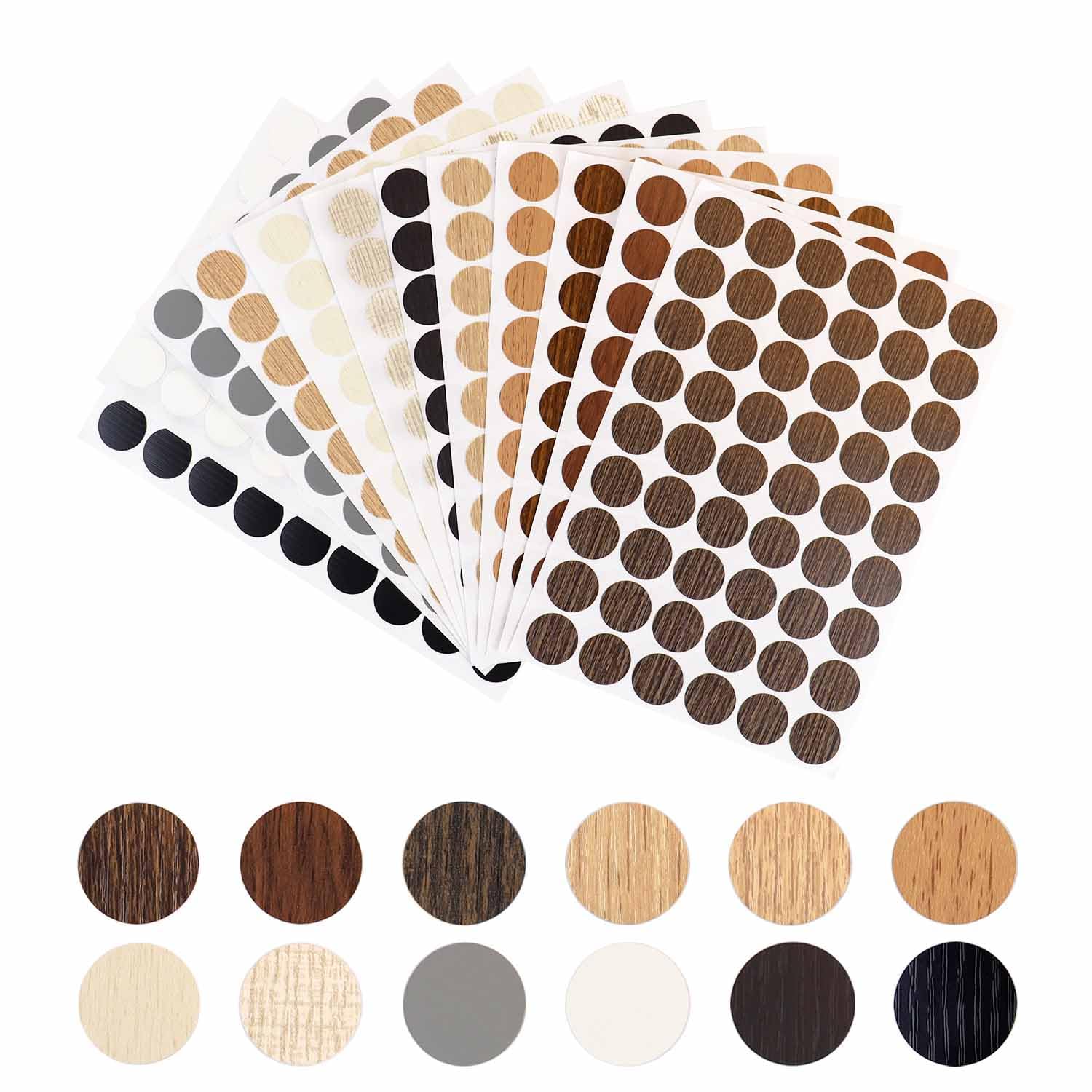 Photo 1 of 648 Pieces Screw Hole Covers Stickers Wood Stickers for Furniture PVC Adhesive Screw Cover Caps for Wall Cabinet Desk Self-Adhesive Screws Hole Sticker 21mm Dustproof Wood Textured Sticker (12 Colors)