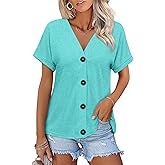 TICTICMISS Womens Summer Tops Short Sleeve Button Down Shirts Casual V Neck T Shirts Trendy Tunic Tops